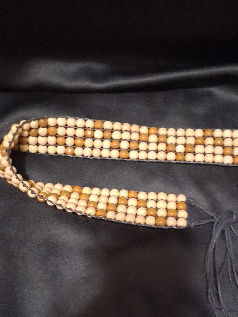 Wood Beaded Belt with Black Cord Tie - 36+ Inches
